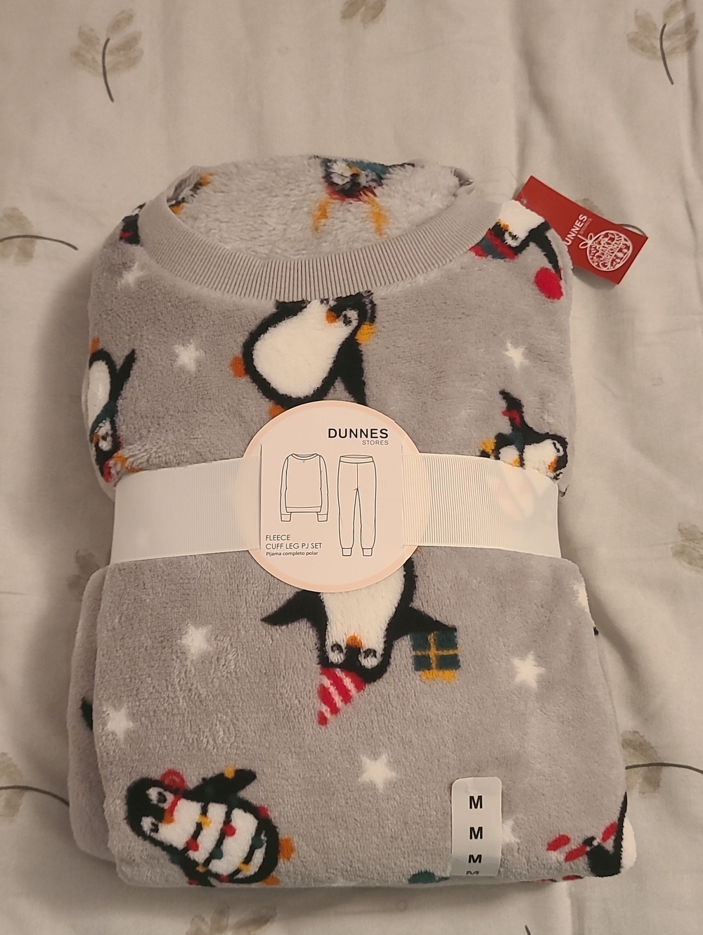 Dunnes Stores Women's Grey Penguin Fleece Cuffed Pajama Set